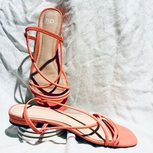 BP Vibrant Coral Strappy Sandals, Low Heel, Padded Insole, sz 9
